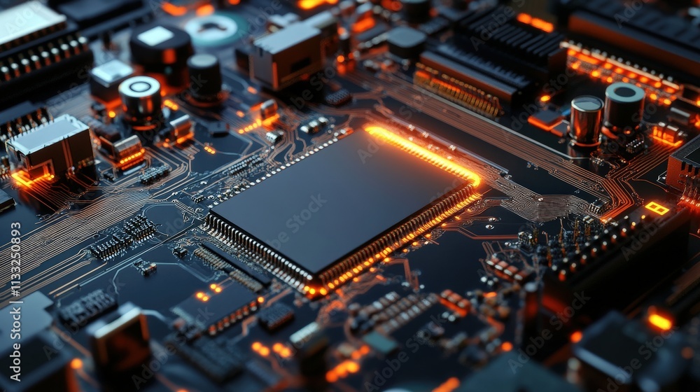High-Tech Circuit Board with Glowing Components and Connections Showing Advanced Electronics and Modern Technology in a Close-Up View High-Tech Circuit Board with Glowing Components and Connections Showing Advanced Electronics and Modern Technology in a Close-Up View
