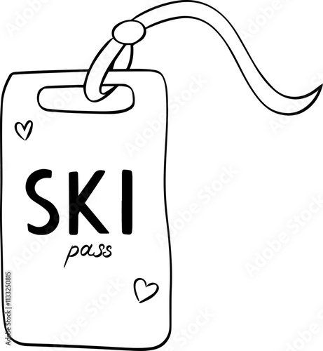 Ski pass graphic line illustration. Vector isolated on transparent background card for skiing and snowboarding in mountains