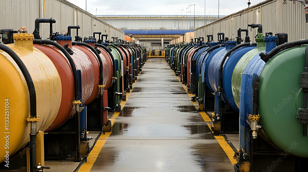 Colorful Industrial Tanks in a Wet Facility, A Row of vibrant storage vessels aligned along a wet concrete floor. Colorful Industrial Tanks in a Wet Facility, A Row of vibrant storage vessels aligned along a wet concrete floor.