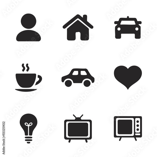A set of nine simple black icons representing basic needs and wants, including a person, house, car, coffee cup, heart, lightbulb, and television.