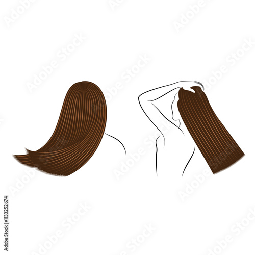 Collection. Straight beautiful hair of a girl. Woman is beautiful and stylish. Lamination and keratin hair straightening. Vector illustrations set.