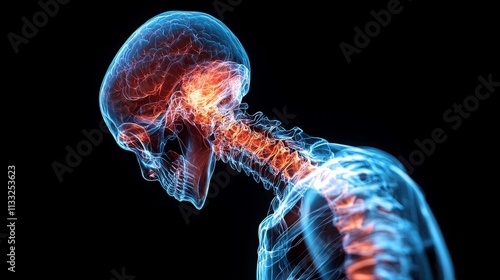 Digital X-ray highlighting human skeletal structure with focus on the neck region photo