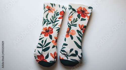 18. A pair of socks with a floral print displayed neatly on a white background photo