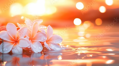 Delicate white and orange plumeria blossoms float on calm water, bathed in the warm glow of a sunset. A serene and peaceful scene.