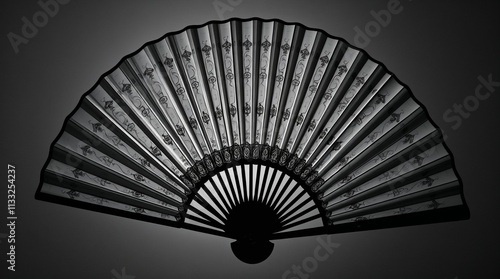 Chinese hand fan with intricate designs in a black and white composition