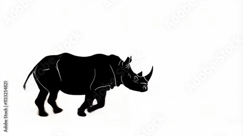 A bold black silhouette of a rhino charging with strength and determination from left to right on a neutral background perfect for animations wildlife projects and dramatic visuals.