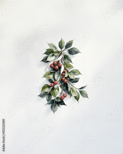 Illustration of red isolated Christmas berries with green leaves against a textured white background with lighting and shadows; vertical painting