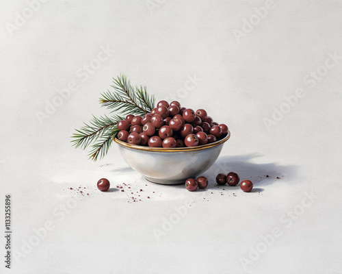 White vintage bowl with red cranberries and green pine branches painting, illustration with white copy space; isolated, horizontal artwork