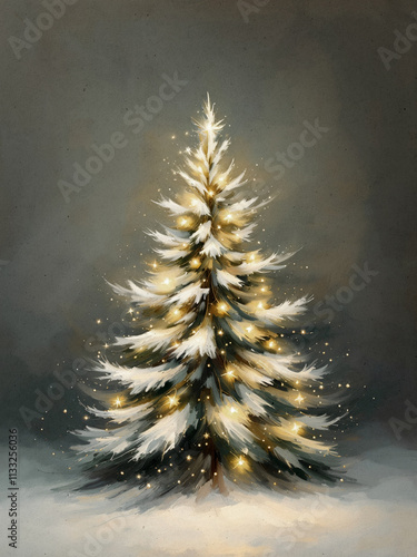 Lighted Christmas tree painting, illustration against a dark textured background; vertical