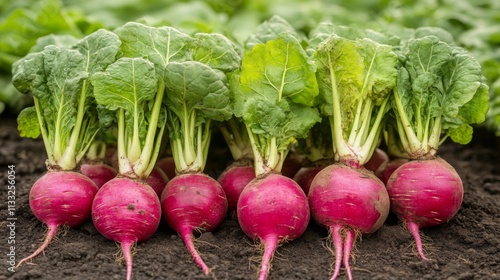Freshly Harvested Pink Radishes with Green Tops in Soil