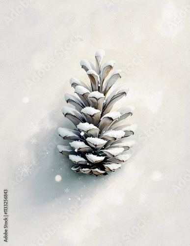 Isolated winter pine cone with snow painting, illustration against a textured white background