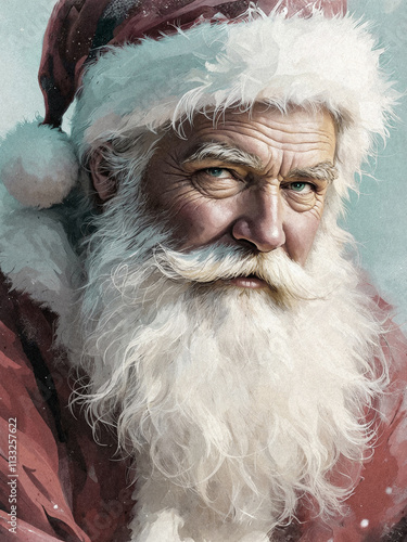 Santa Claus portrait illustration, vintage-style painting with textured blue background