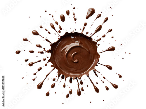 A high-quality, studio shot of a perfectly circular puddle of melted chocolate, with radiating chocolate splashes. photo