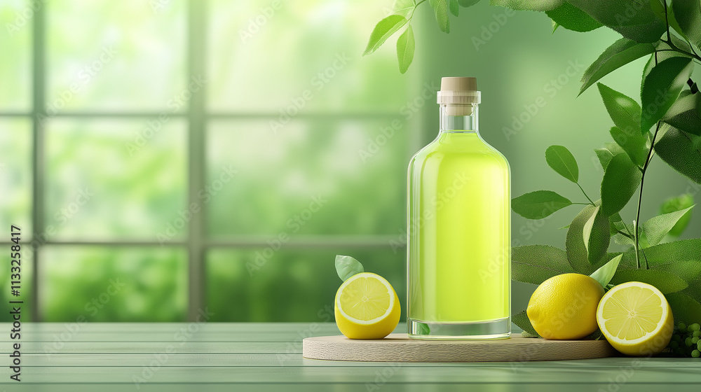 a bottle of limoncello surrounded by ingredients for making the drink: lemon zest, sugar, and alcohol, arranged in an artistic and visually appealing manner a bottle of limoncello surrounded by ingredients for making the drink: lemon zest, sugar, and alcohol, arranged in an artistic and visually appealing manner