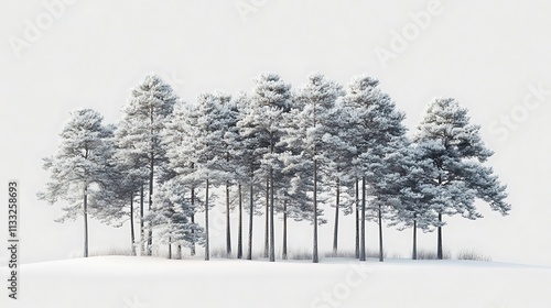 8. A group of pine trees heavily laden with snow standing tall against a gray background