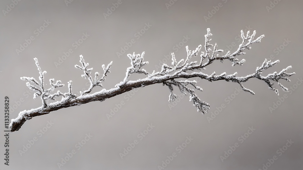 Obraz premium 4. A frosty branch coated in ice and snow, contrasting sharply against a gray background