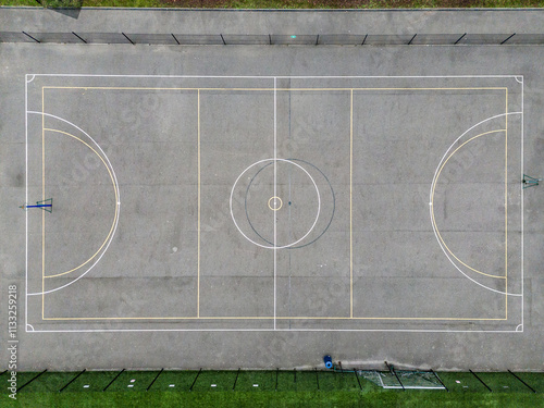 A basketball court viewed from a drone