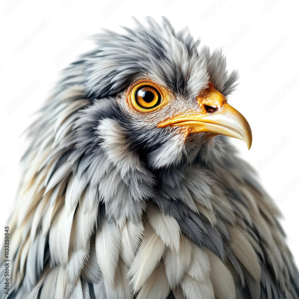Fototapeta premium A detailed close-up portrait of a grey hen against a pure white background.