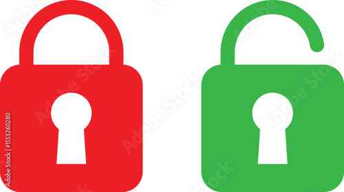 Open and closed padlock icons in red and green . Locked and unlocked icons . Vector illustration