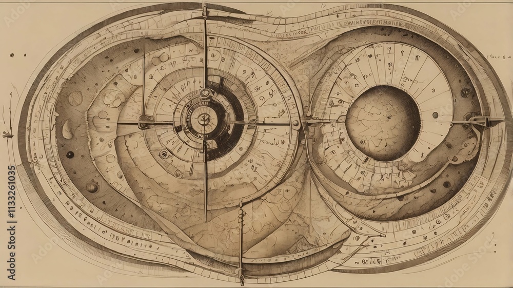 A detailed diagram resembling an astronomical clock or cosmic map. The design is composed of concentric circles, gears, and celestial bodies, evoking the mechanics of the universe. A detailed diagram resembling an astronomical clock or cosmic map. The design is composed of concentric circles, gears, and celestial bodies, evoking the mechanics of the universe.