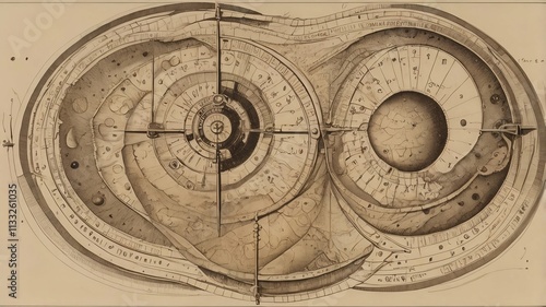 A detailed diagram resembling an astronomical clock or cosmic map. The design is composed of concentric circles, gears, and celestial bodies, evoking the mechanics of the universe. photo