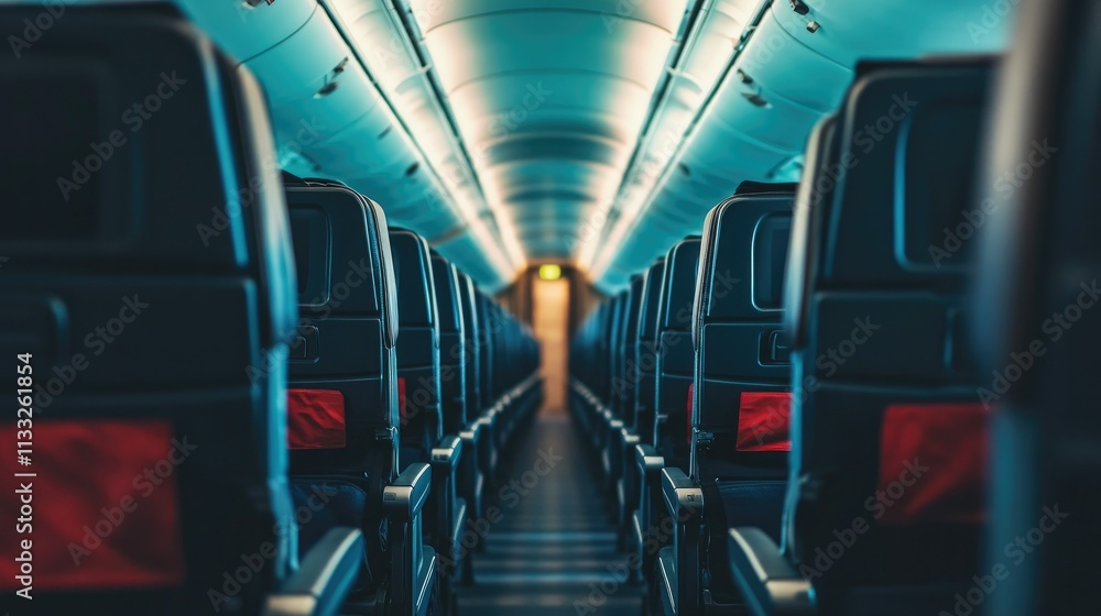 Fototapeta premium Empty airplane cabin interior with sleek, ergonomic seats. Modern and professional aviation atmosphere.