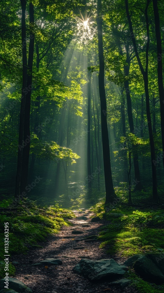 Fototapeta premium A serene forest scene with sunlight filtering through trees, illuminating a tranquil path.