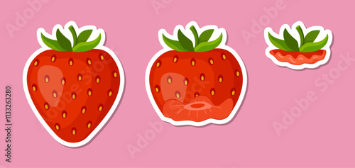 Strawberry eating steps sticker set. Stages of biting red berry from Whole, bitten and entirely eaten. bite progression sequence animation of eaten. Hand drawn flat style isolated. Vector illustration
