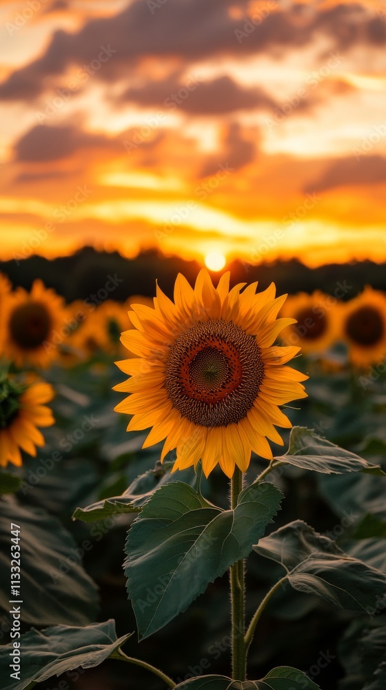 Obraz premium Sunflower Field at Sunset with Glowing Sky