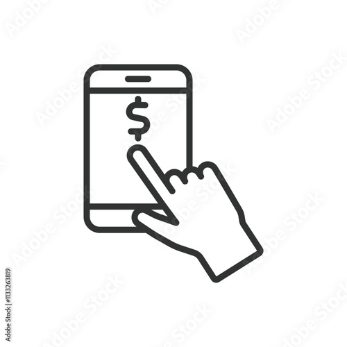 Phone tapping money, icon in line design. Phone, tapping, money, payment, transfer, NFC, transaction on white background vector. Phone tapping money editable stroke icon