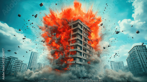 Urban building imploding in fiery explosion against cityscape with dramatic clouds photo