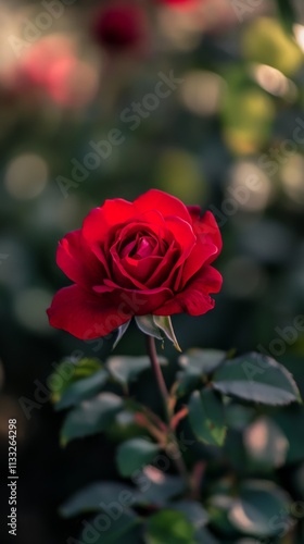 Close-Up of a Blooming Red Rose in Green Garden