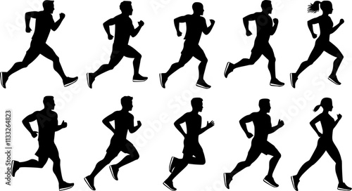 Running men and women, isolated vector silhouettes. Run, side view. Silhouettes of athletic looking male and female runners running.