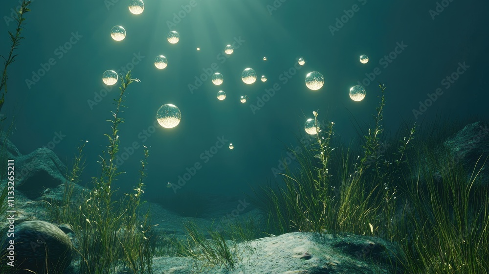 Fototapeta premium Underwater scene with bubbles gently floating upward, creating a serene oceanic ambiance.