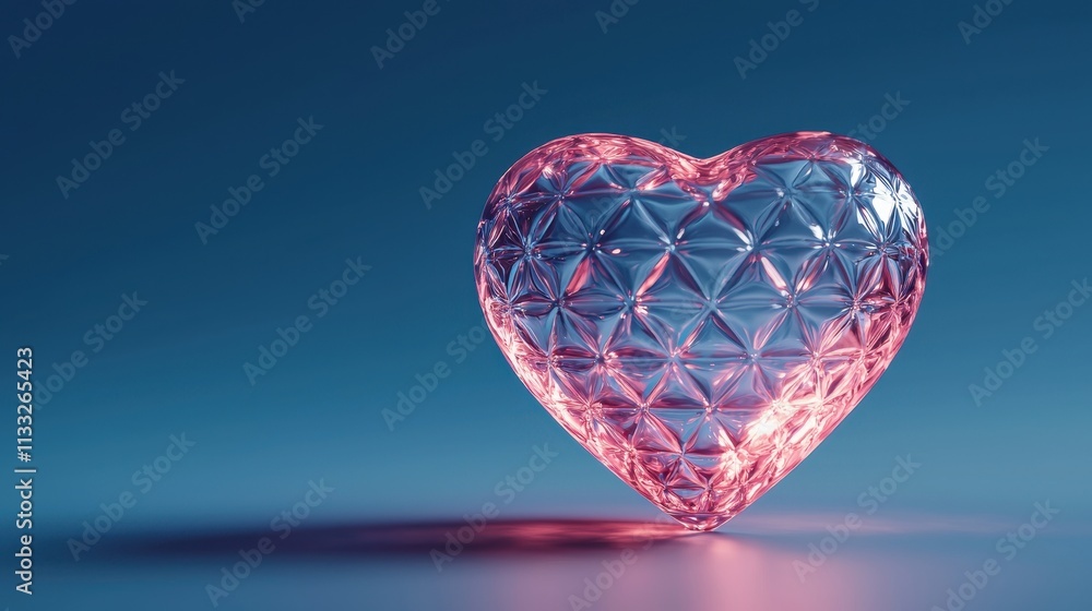 Fototapeta premium A beautiful, faceted crystal heart radiates pink light against a serene blue background, symbolizing love and elegance.