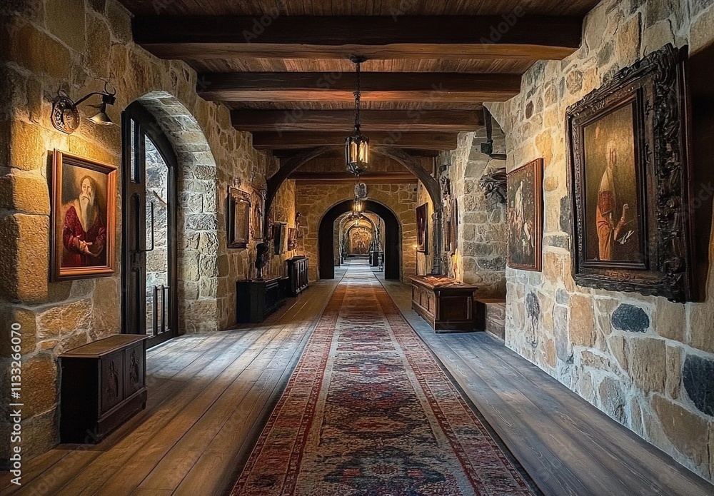Obraz premium A long hallway in an old castle, decorated with tapestries and medieval paintings on the walls.