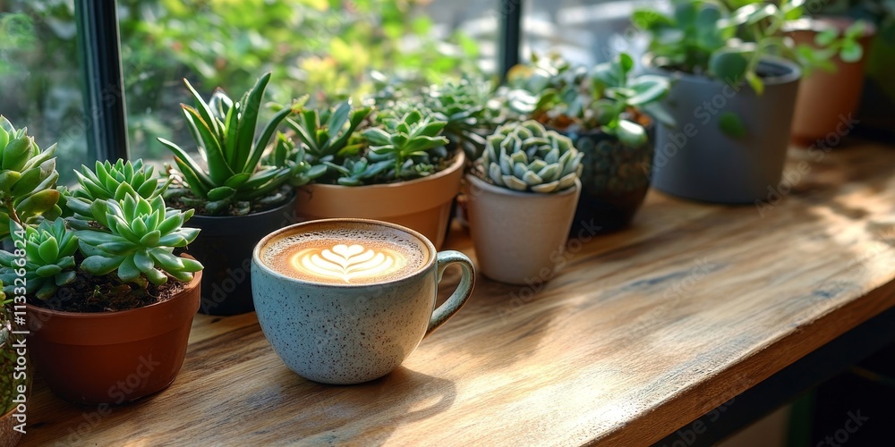 Cozy morning setup with coffee and succulents, Generative AI Cozy morning setup with coffee and succulents, Generative AI