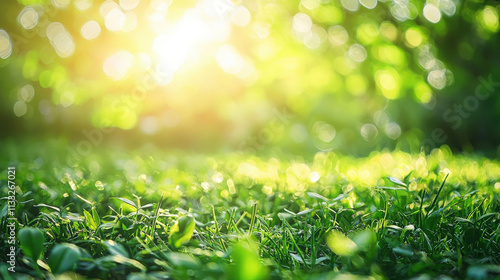 Lush Green Grass Under Soft Golden Sunlight with Blurry Background of Natural bokeh Brightness and Warmth in a Beautiful Outdoor Setting