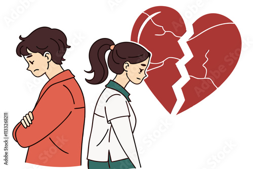 Upset Young Couple with Broken Heart Illustration Love and Heartbreak Concept