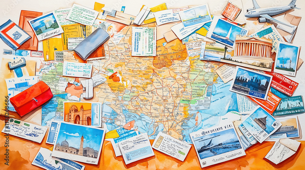 Fototapeta premium Vintage travel map collage with postcards and tickets