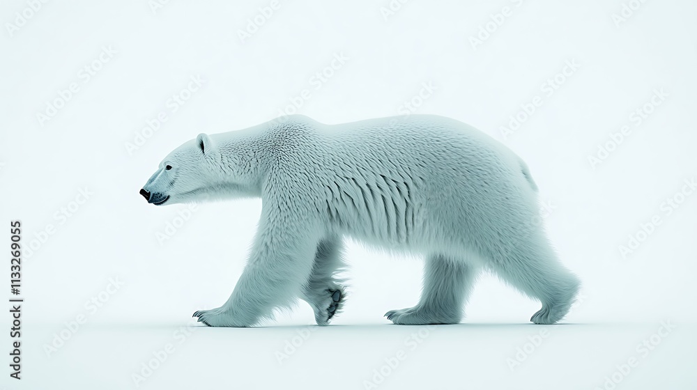 Fototapeta premium 26. A polar bear walking with a relaxed stride, its body slightly bent forward, against a white background