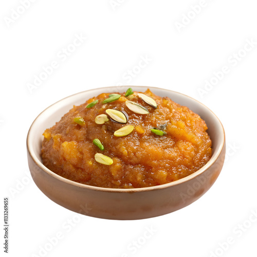 Gajar ka halwa or carrot halwa in silver bowl isolated photo