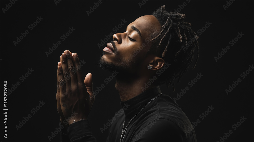 Obraz premium American man prays to god with closed eyes and hands clasped