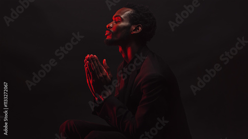 American man prays to god with closed eyes and hands clasped photo