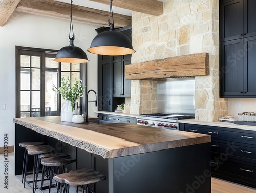 rustic kitchen oak countertop black cabinets industrial lighting stone photo