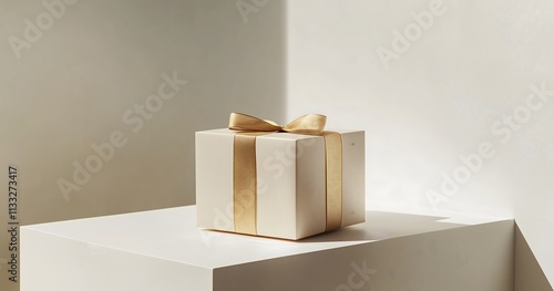 A beautifully designed gift box adorned with a gold ribbon against a clean white backdrop, perfect for celebrations.