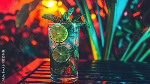 Refreshing Mojito cocktail with mint and lime in tropical setting.