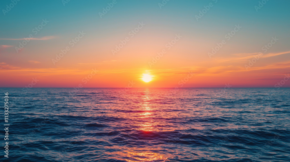 Fototapeta premium Serene Sunset Over Tranquil Ocean Waves with Vivid Colors Illuminating the Horizon in a Relaxing Coastal Environment
