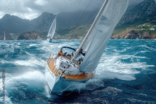 A sailboat navigates through turbulent waves, perfect for water sports or adventure themes