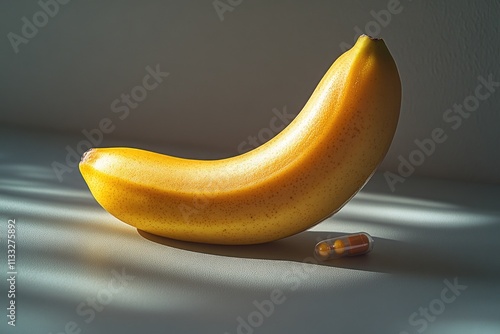 A still life image featuring a banana sitting next to pills on a table photo